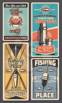 Fishing tackle and bait shop retro banners of rod, hook and lure, fish, spinning and float, salmon, trout and tuna, crab, lobster and bass. Fisherman sport equipment, gears and accessory store vector