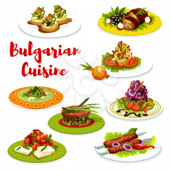 Bulgarian dishes of grilled meat with vegetables and cheese. Beef kebapche, cabbage and pepper salads, eggplant tomato chutney lutenica with bryndza, lamb, zucchini toast and meatball soup. Vector