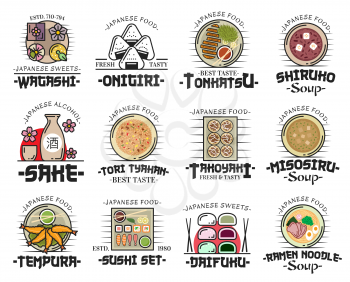 Japanese food icons with thin line dishes of sushi, roll, nigiri and onigiri. Vector ramen noodle soup, tempura shrimp and sake, wagashi candy, fried pork tonkatsu, bean dessert soup and rice tyahan