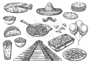 Cinco de Mayo holiday food and symbols isolated sketches. Vector Mexican pyramid, sombrero hat and moustaches, inflatable balloons. Burritos and enchilada, jalapeno and guacamole, nacho and churro