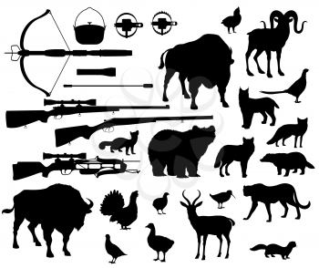 Animals and birds silhouettes, hunting sport equipment icons. Crossbow and gun or rifle, lighter and cauldron with trap. Vector bear and buffalo, goat and antelope, lynx and cheetah, fox and wolf