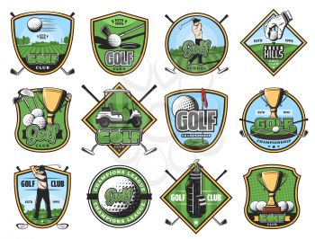 Golfing club sport icons, golf game, golfer, sporting items. Sticks and ball, gold trophy and hole, cart and play course or field, glove and tee. Vector golfing court, sportsmen and equipment isolated