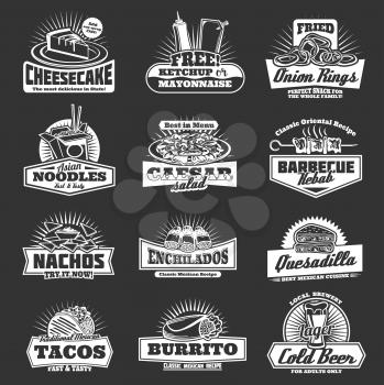Fast food restaurant icons with snacks. Cheesecake dessert and ketchup or mayonnaise sauces, onion rings and Asian noodles. Vector Caesar salad and barbecue, nachos and enchiladas, tacos and beer