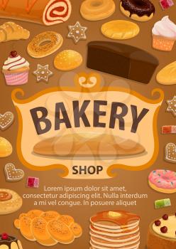 Bakery shop, pastry and confectionery icons. Bread and cake, baguette and pancake, bun and pretzel. Vector donut and gingerbread cookie, bagel roll with jam, croissant, marmalade, biscuit and sweets