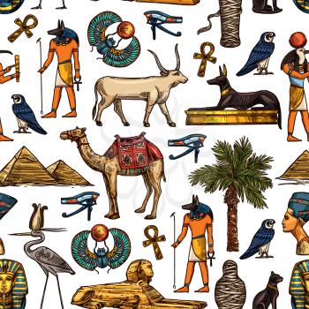 Egypt travel destination and religion symbols seamless pattern, Egyptian Gods. Nefertiti and Ra, Anubis and pyramids, mummy and sphinx. Vector Pharaoh and cat, dog and scarab, bull and stork