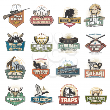 Hunting sport icons, safari equipment items, animals and birds. Gun or rifle, binoculars and bullets, crossbow and trap. Vector boar and elk, giraffe and elephant, hippo and blackcock