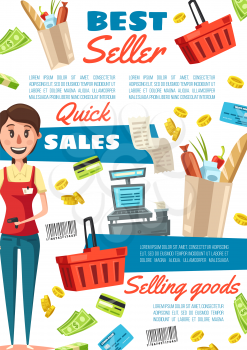 Seller in supermarket or shop, vendor of grocery store. Saleswoman in uniform with scanner and paper bag of food. Vector basket and cash counter, credit card and barcode, receipt and money bills