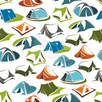 Camping tents seamless pattern, portable dwelling of textile, hiking equipment. Vector active pastime outdoor in mountains or forest, recreation and sport on nature item. Leisure activity and trip