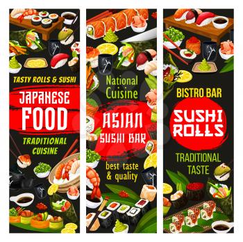 Sushi and roll bar, Japanese cuisine. Vector sashimi and maki, shrimp or salmon nigiri and temaki with futomaki, wasabi sauce and ginger. Teapot and soy sauce, chopsticks and tray
