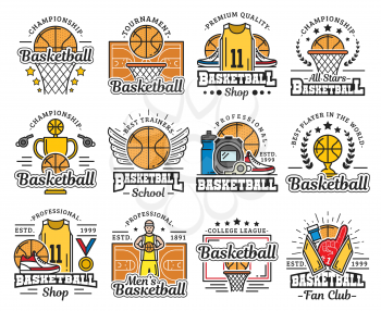 Basketball sport icons with ball and basket. Vector trophy cup and play field or court, uniform and sneakers, medal and whistle. Sporting school or sportswear shop, tournament and championship