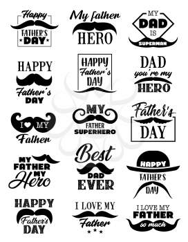 Fathers day holiday monochrome isolated icons. Vector mustache and vintage hat with lettering and greetings. Male family member or dad congratulations, fatherhood celebration signs, facial hair