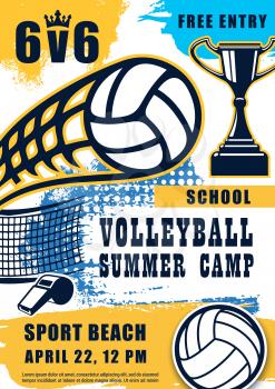 Volleyball sport game poster, ball and whistle with trophy cup. Vector summer beach tournament in school or camp with prize. Sporting items and net, openair match, championship or competition