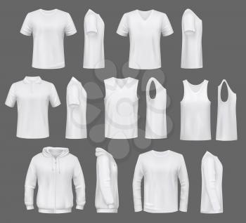 Male fashion, t-shirt templates with hoodie and sweatshirt, polo and singlet or sleeveless shirt. Vector basic clothes white mockups, casual garments. Men outfit henleys and tank top items, underwear