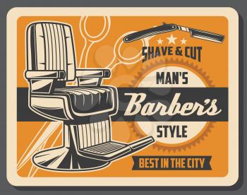 Barbershop service and hairdressing salon. Vector retro gentlemens hipster style, shave and haircut, armchair and dangerous razor with blade, scissors. Male beauty, moustache and beard styling