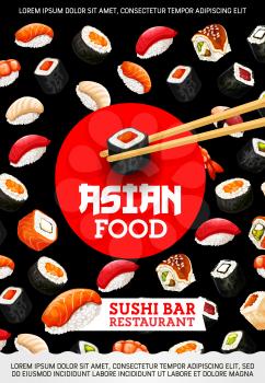 Japanese cuisine bar restaurant, sushi and rolls with chopsticks. Vector seafood, rice in seaweed and raw fish. Salmon and tuna, perch and prawn, eel and avocado with tofu cheese, Asian food cafe