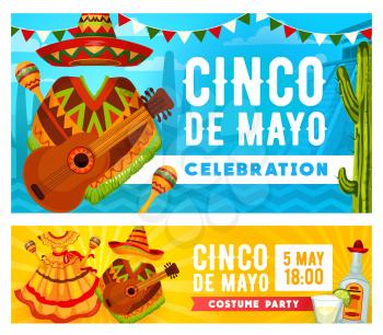 Cinco de Mayo holiday mariachi costume party vector invitations. Mexican fiesta sombrero, guitar and maracas, tequila, margarita, cactus and lime, Latin American festival dress and bunting garland
