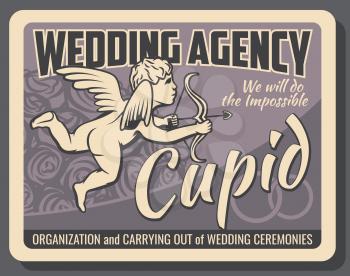 Wedding agency, cupid with bow and wings, event arrangement and holiday organization. Vector rose bouquet and bridal rings, carrying out of ceremonies. Marriage and love celebration, religious rite