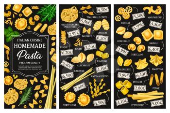 Italian pasta menu, cuisine dishes. Vector tagliatelle and farfalle, gnocchi and risoni, eliche and conchiglie, rigatoni and linguini. Alluovo and tortelloni, rotelle and maccheroni, ravioli