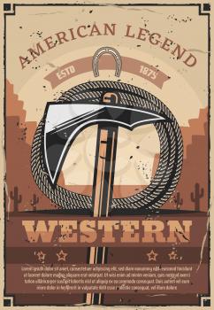 Wild West, western style, tomahawk and rope, native Americans or Injuns tools. Vector working item or weapon, hatchet and lasso. Mining or hunting, horseshoe and cactus silhouettes in desert