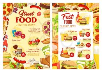 Fast food cafe menu, street food hot dogs and burgers. Vector fastfood takeaway menu of Mexican burrito or doner, cheeseburger or hamburger with salads and chicken grill or fries combo set