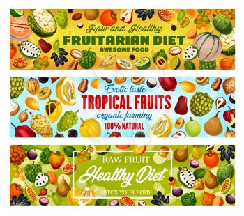 Exotic tropical fruits, fruitarian diet natural fruits harvest. Vector organic juicy tropic pomelo citrus, persimmon or champakka apple and cantaloupe melon, durian or pandanus with bergamot
