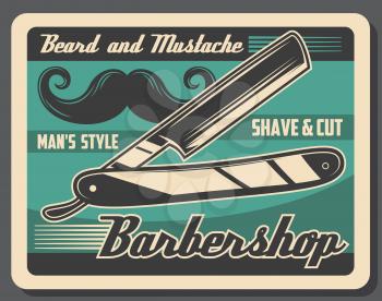 Barbershop vintage poster, mustache and beard razor shaving. Vector gentlemen baber shop or hipster hairdresser salon, haircut and hair trim