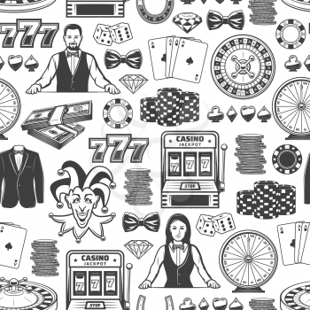 Casino poker gambling game seamless pattern. Vector background of casino poker ace cards, slot machine or wheel of fortune and dice with lucky seven number or croupier and joker pattern