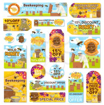 Beekeeping apiary farm and honey product store special price discount labels. Vector beekeeper collecting honey in honeycombs from beehive and bees on flowers