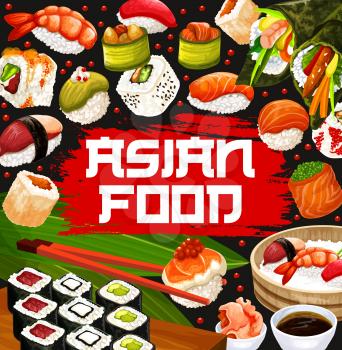 Japanese sushi and rolls menu, Asian food cuisine bar. Vector sushi types, ebi shrimp gunkan, salmon nigiri temaki or eel unagi futomaki and ikura tempura inari or osidzusi