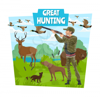 Hunt, opens season hunting club adventure. Hunter with rifle gun and dog in forest hunting wild animals bear, deer or ermine mink and ducks