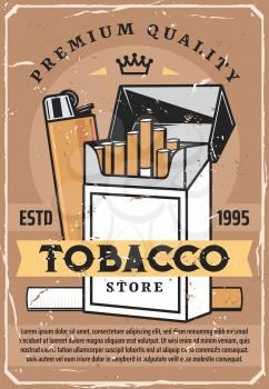 Cigarettes and tobacco retro poster. Vector cigarettes open pack with lighter, premium quality label, tobacco production factory or store poster
