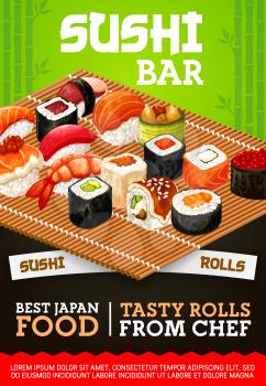 Japanese sushi bar vector menu of traditional sashimi and maki rolls. Asian food cuisine restuarant suhsi set of ebi shrimp, salmon nigiri temaki or eel unagi futomaki and ikura inari or osidzusi