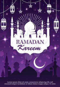 Ramadan Kareem lanterns and Muslim mosque vector design of Eid Mubarak theme. Islam religion mosque silhouettes with crescent moon, stars and festive arabian lamps