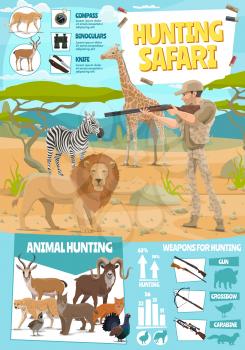 Hunting sport equipment and hunt season infographics. Vector statistic diagram on wild African safari animals, hunter ammo rife gun and trap for lion, zebra or cheetah and lynx, woodcock and partridge