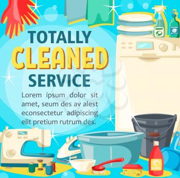 House cleaning service poster, home washing, sewing and laundry. Vector professional housekeeping tool, floor and window glass polisher or washing machine and dish cleaner soap or iron