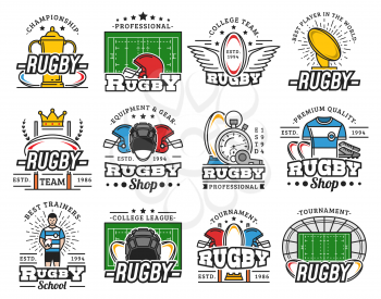 Rugby club badges, sport equipment shop and college league cup icons. Vector infographic symbols of rugby football player helmet, referee trainer stopwatch and victory wings on arena stadium