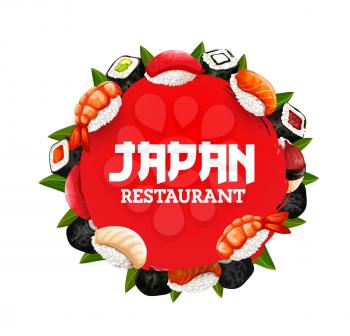 Japanese sushi restaurant menu, Asian cuisines food. Vector suhsi, maki rools and sashimi of sake salmon, tobiko ikura roll, ebi shrimp or eel unagi temaki and inari or osidzusi futomaki