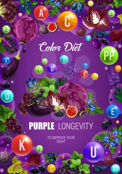 Color diet purple food healthy nutrition. Vector natural organic fruits, vegetable salads or berries with vitamins and minerals in purple color diet for longevity and eye sight health