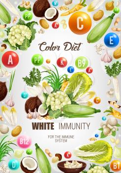 Color diet white food healthy nutrition. Vector natural organic vegetables, salads or nuts and spice herbs with vitamins and minerals in white color diet for immune system and immunity health support