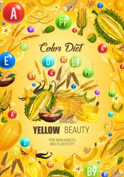 Color diet yellow food healthy nutrition. Vector natural organic tropical fruits, cereals and spice herbs with vitamins and minerals in yellow color diet for skin health beauty and elasticity