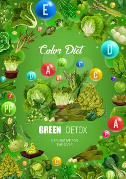 Color diet green food healthy nutrition. Vector natural organic vegetable salads, berry fruits or nuts and herbs with vitamins and minerals in green color diet for depurative detox and liver health