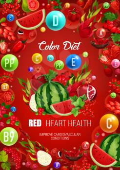 Color diet red food healthy nutrition. Vector natural organic tropical fruits, vegetables and berries with vitamins and minerals in red color diet for heart and cardiovascular system health