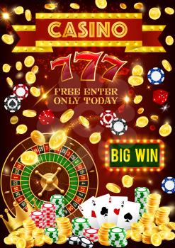 Casino poker gambling games poster. Vector casino neon sign, poker ace cards and slot machine with golden coins bingo win, wheel of fortune and dice with lucky seven number or croupier gamble chips