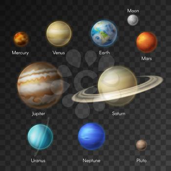 Planets of solar system vector isolated icons. Earth, Saturn, Moon and Mars or Venus, Neptune with Mercury or Uranus and Pluto or Jupiter planet in galaxy universe