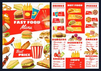 Fast food restaurant menu, price for hot dogs, burgers or sandwiches and desserts. Vector fastfood takeaway and delivery menu of Mexican burrito, cheeseburger or hamburger, chicken grill and fries