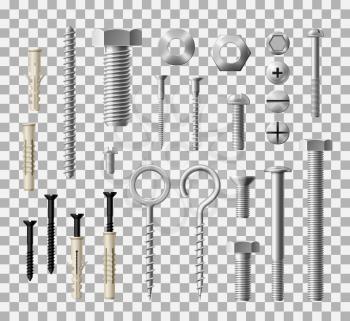 Construction fasteners and furniture screws, bolts and nuts. Vector realistic metallic lag screws, bolts and hex cap nuts, wood fasteners or eye hooks and drywalls and twinfasts