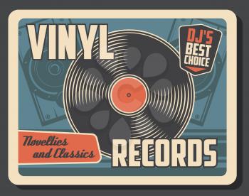 Vinyl record disk vintage poster. Vector retro music vinyl player store or DJ musical instruments shop and sound recording studio