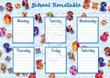 School timetable of weekly student schedule vector template. Lessons plan on background of notebook paper sheet with numbers, digits and mathematical formulas