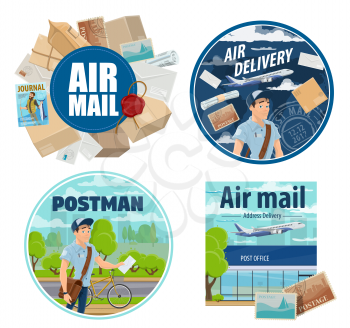 Mail delivery, postman with correspondence and parcels. Vector post office and express delivery, air mail cargo shipping and freight logistics, courier on bicycle with newspapers and letter envelopes
