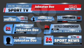 Sport TV translation backdrops and header title bar boxes. Vector sport news television channel screen banners with names, world championship cup scores, time and live reporter